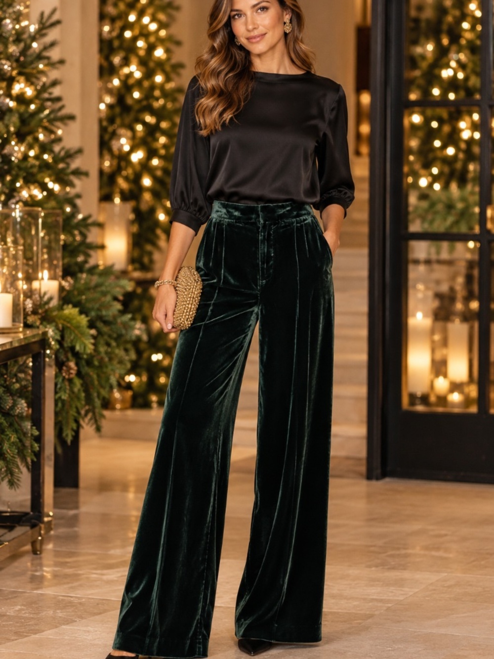 BR SILK forest green velvet pants/trousers 8 wide leg event holiday New Years